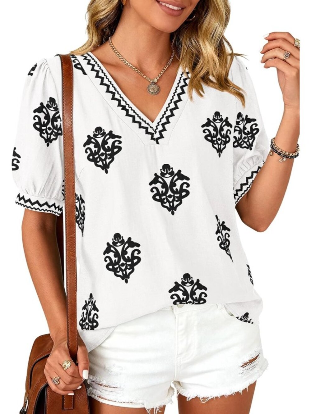 Women's White Black Flower Short Sleeves V Neck Boho Blouses Beach T Shirts